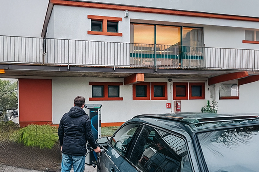 Uomo che carica auto elettrica in Franplast